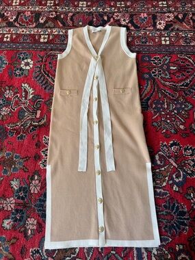 English Factory Camel Midi Dress with Ivory Trim and Gold Buttons